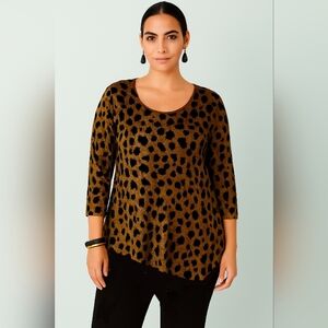 Citiknits Animal Print Graphic Asymmetrical Stretch Top Greengold Black 1X